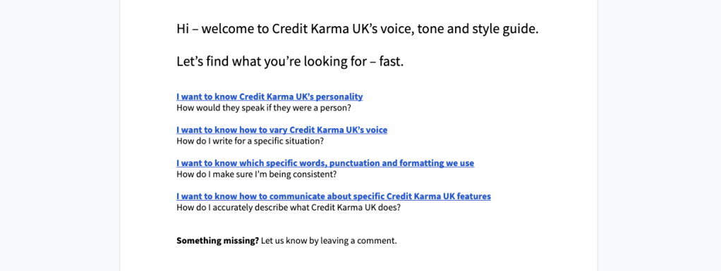 Screenshot showing the navigation of a voice, tone and style guide document for Credit Karma UK.