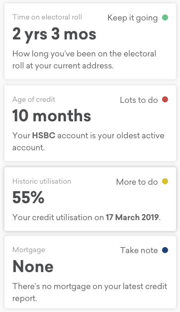 Image showing four credit factor tiles with 'Keep it going', 'Lots to do', 'More to do' and 'Take note' as the new factor badges. 