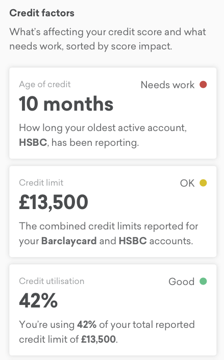 Image showing three credit factors, each with a different traffic light rating and the words Good, OK and Needs work alongside the badges.