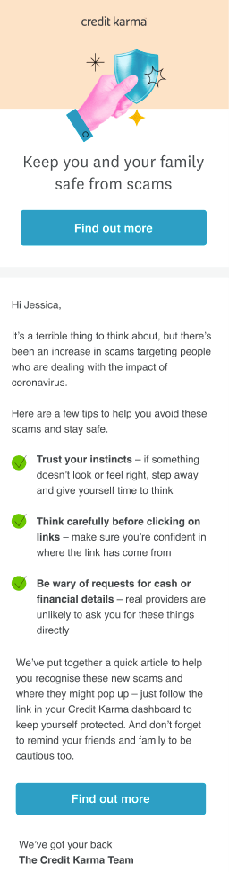 An email sent to users that directed them to the help centre article about coronavirus scams