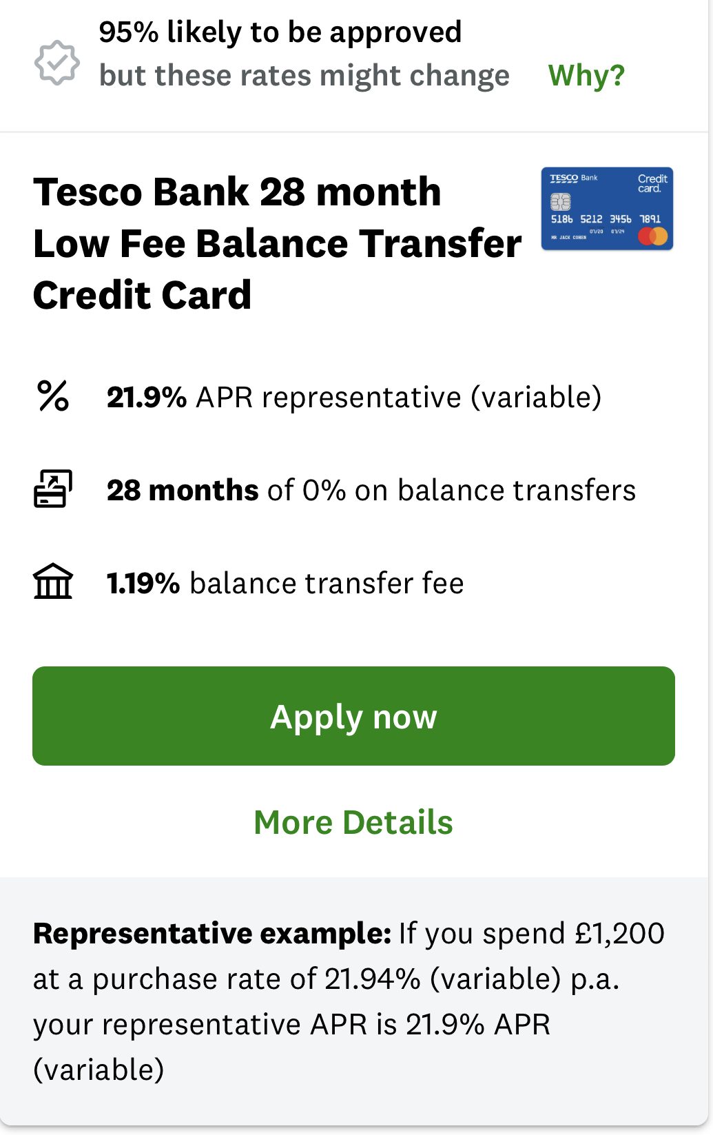 Credit card offer tile showing how the approval information is now displayed